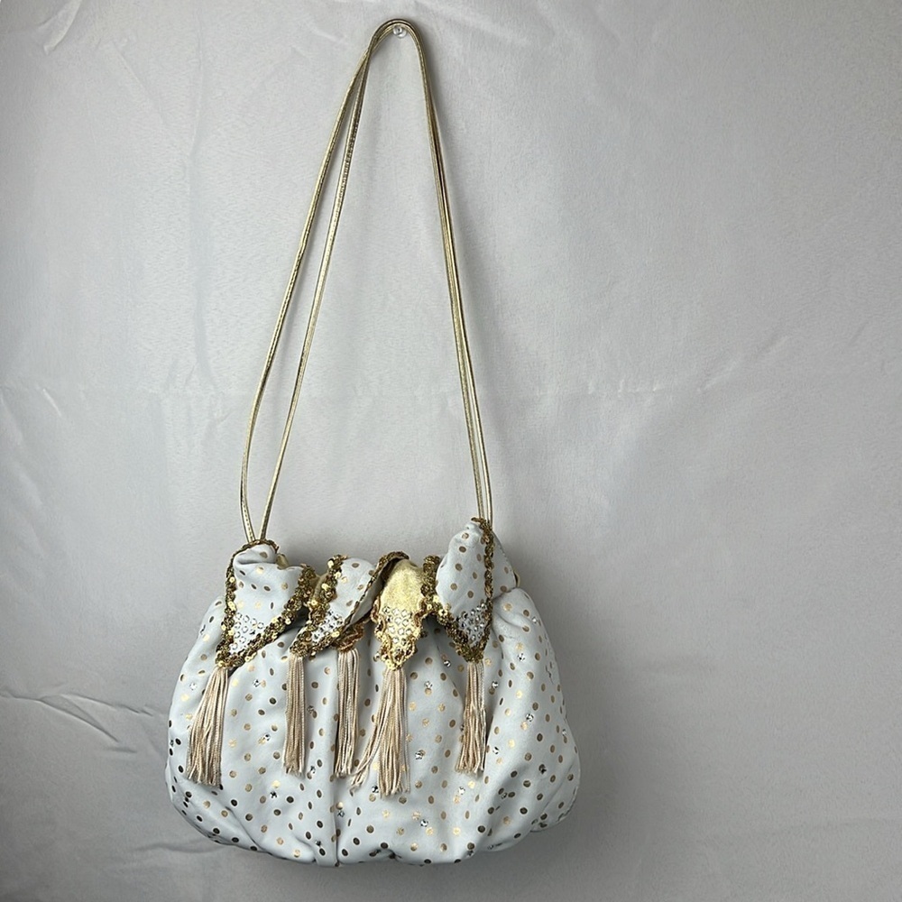 Vintage White Gold Polka Dot Crystal Bag Boho Drawstring Hobo Purse Statement